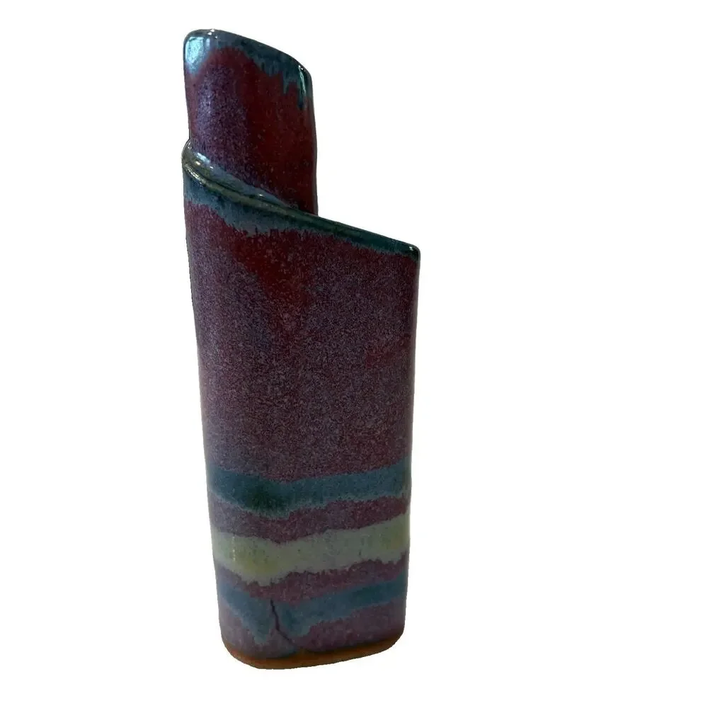 Vintage 1988 Bay Pottery Ribbon Vase 3-Chamber 7” Studio Art Purple Blue Glaze